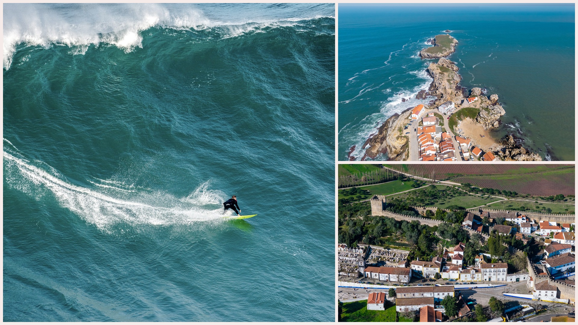 Sobre a West Portugal Radio: surfista numa onda gigante e vistas aéreas da costa e de uma vila amuralhada do Oeste